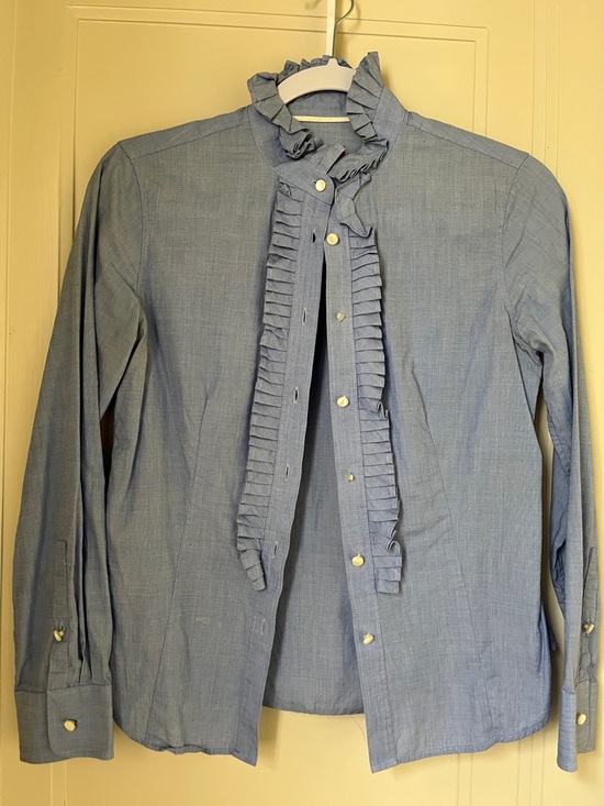 Vintage Tops - Vintage Blue Ruffled Front Button-Up Blouse Size 2P Pearlized Buttons Tuxedo